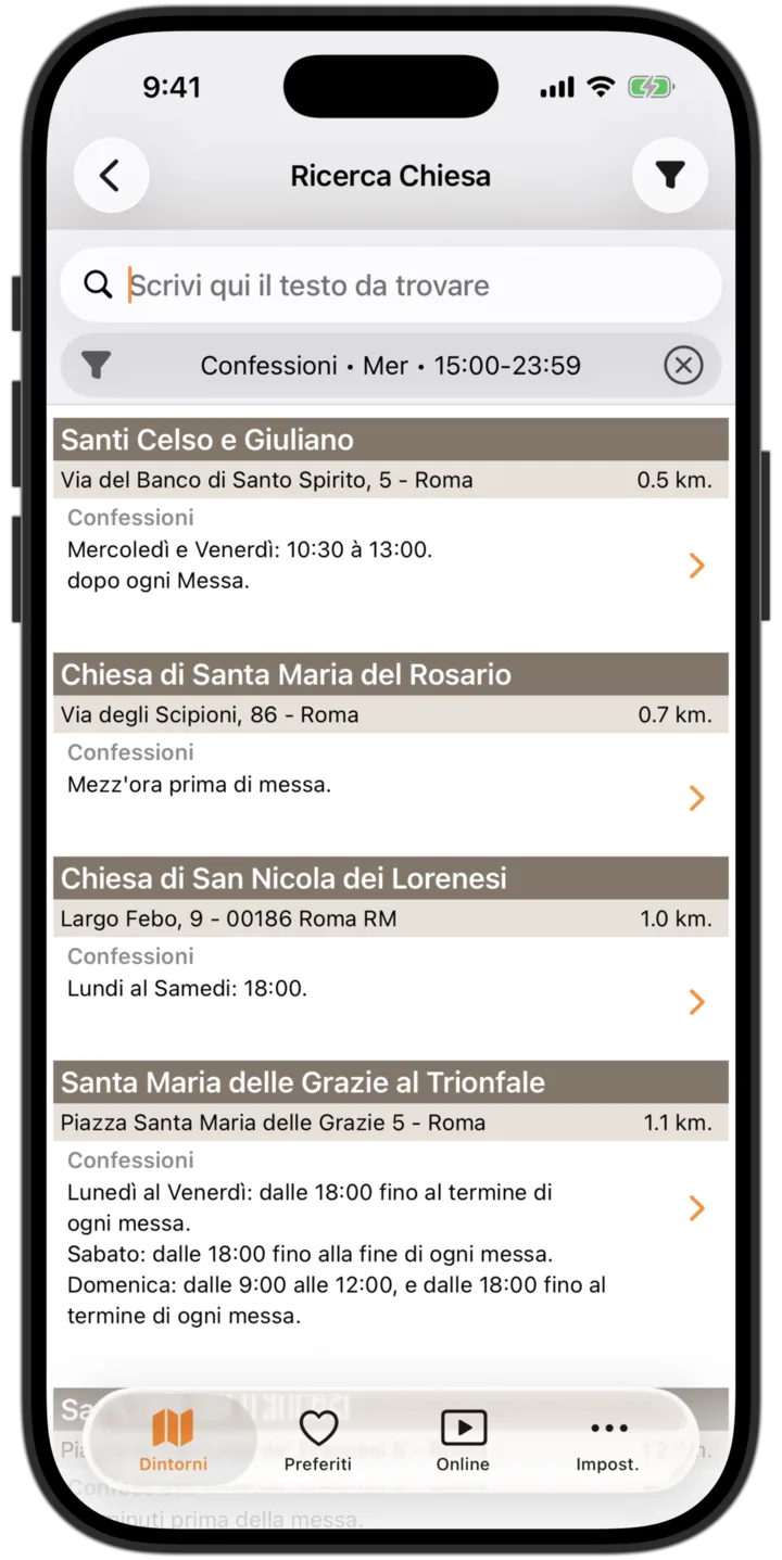 Orari Messe app - Elenco delle chiese cattoliche più vicine